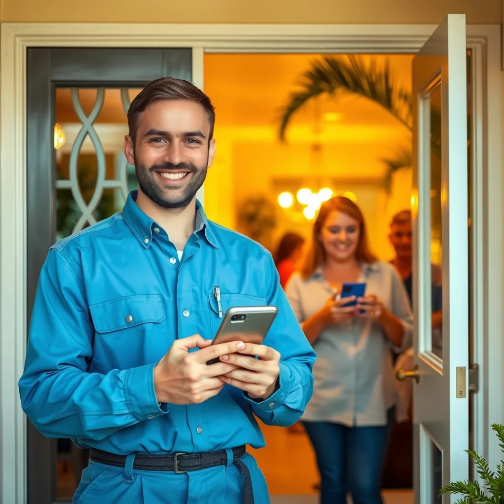 A technician in a plain uniform smiling at a homeowner's front door while holding a phone, with the homeowner inside also looking at her own phone, warm evening light in a suburban Florida neighborhood.