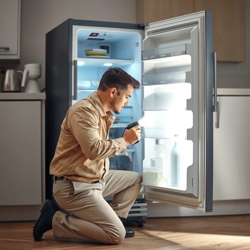 An appliance repair technician checking the inside of an open refrigerator with a flashlight.