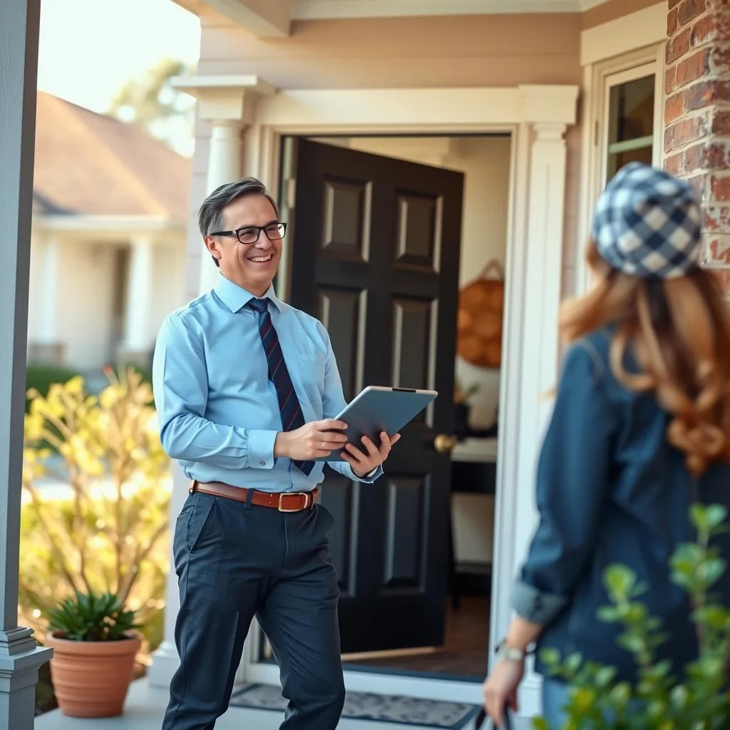 A sales representative with a tablet talking to a homeowner at a front doorway.