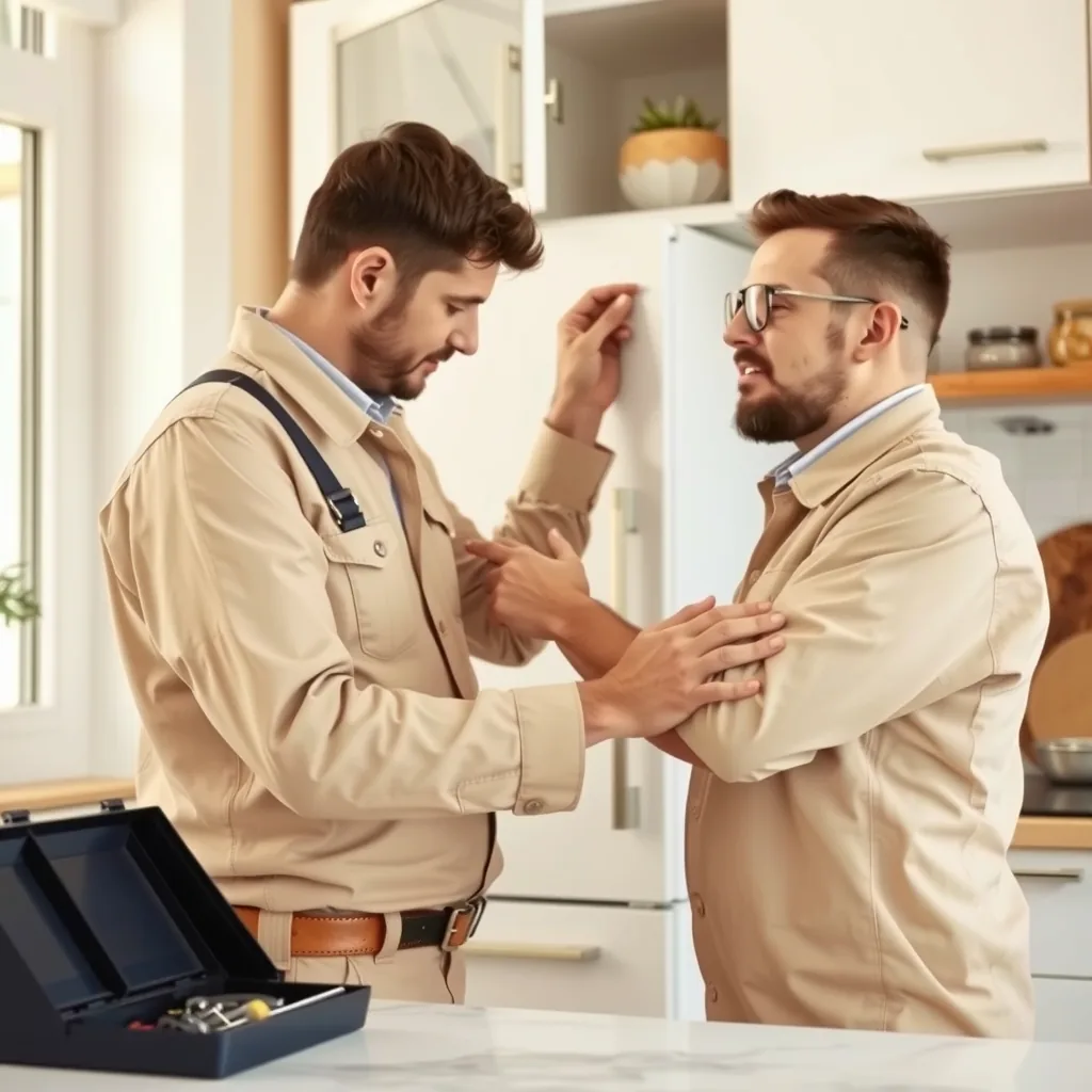 A handyman working on a cabinet in a bright home kitchen.