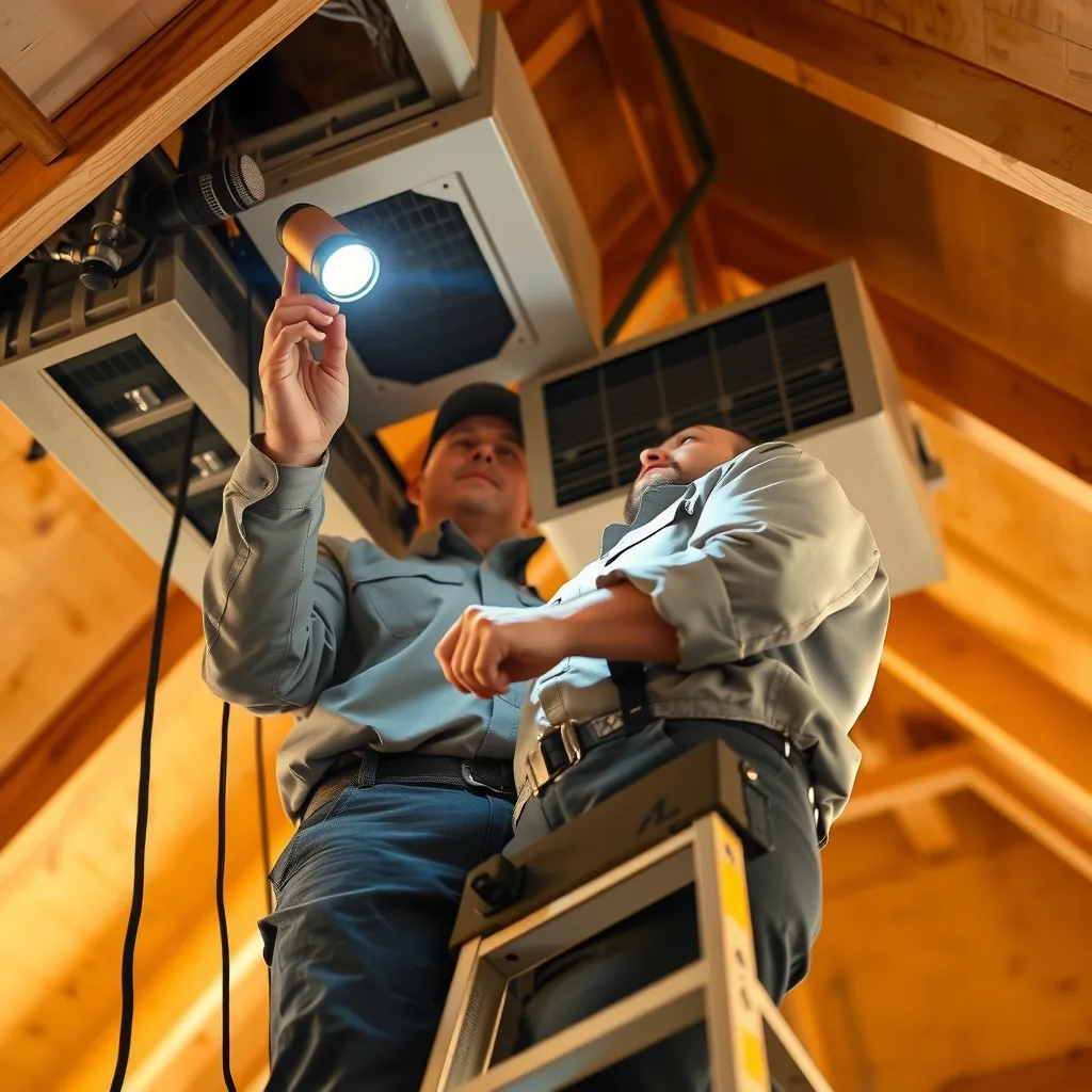 An HVAC technician on a ladder inspecting an attic air conditioning unit with a flashlight.