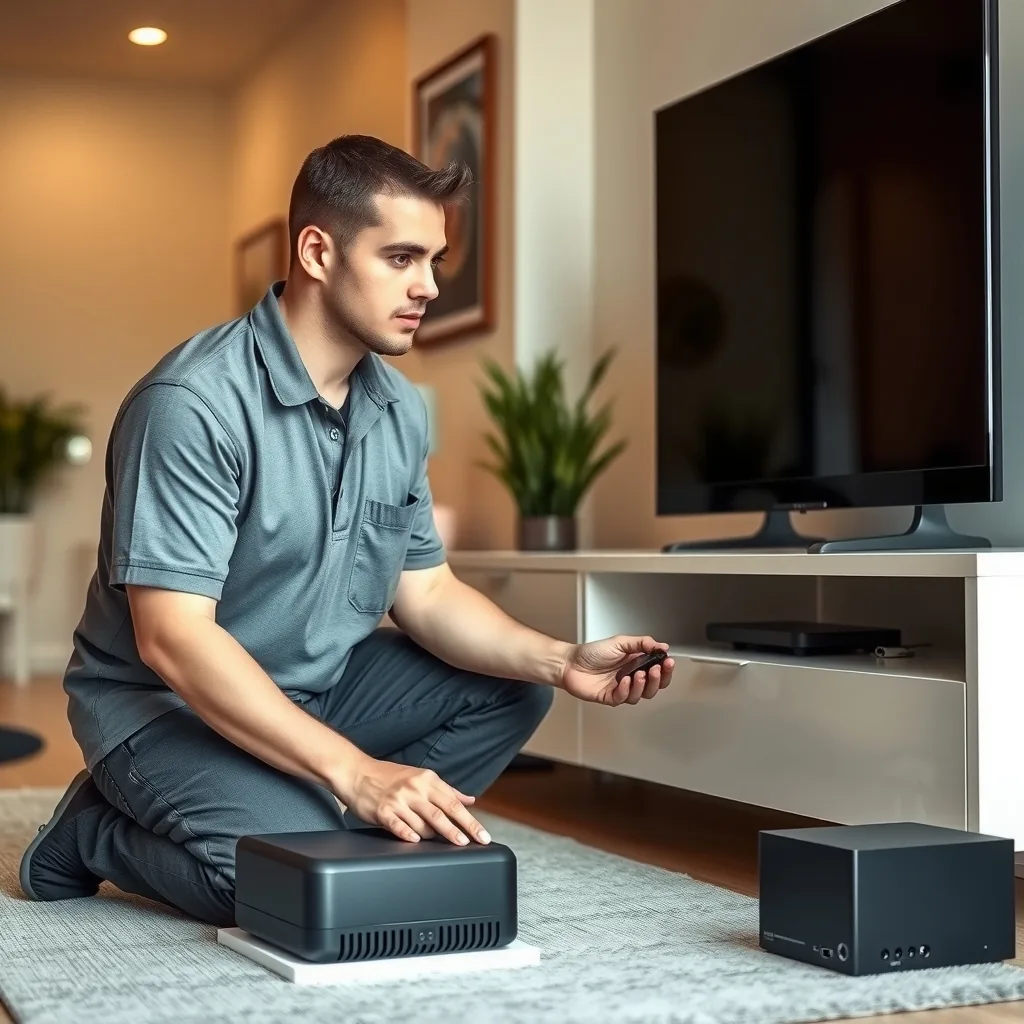 An internet and cable installer setting up a modem and router in a living room.