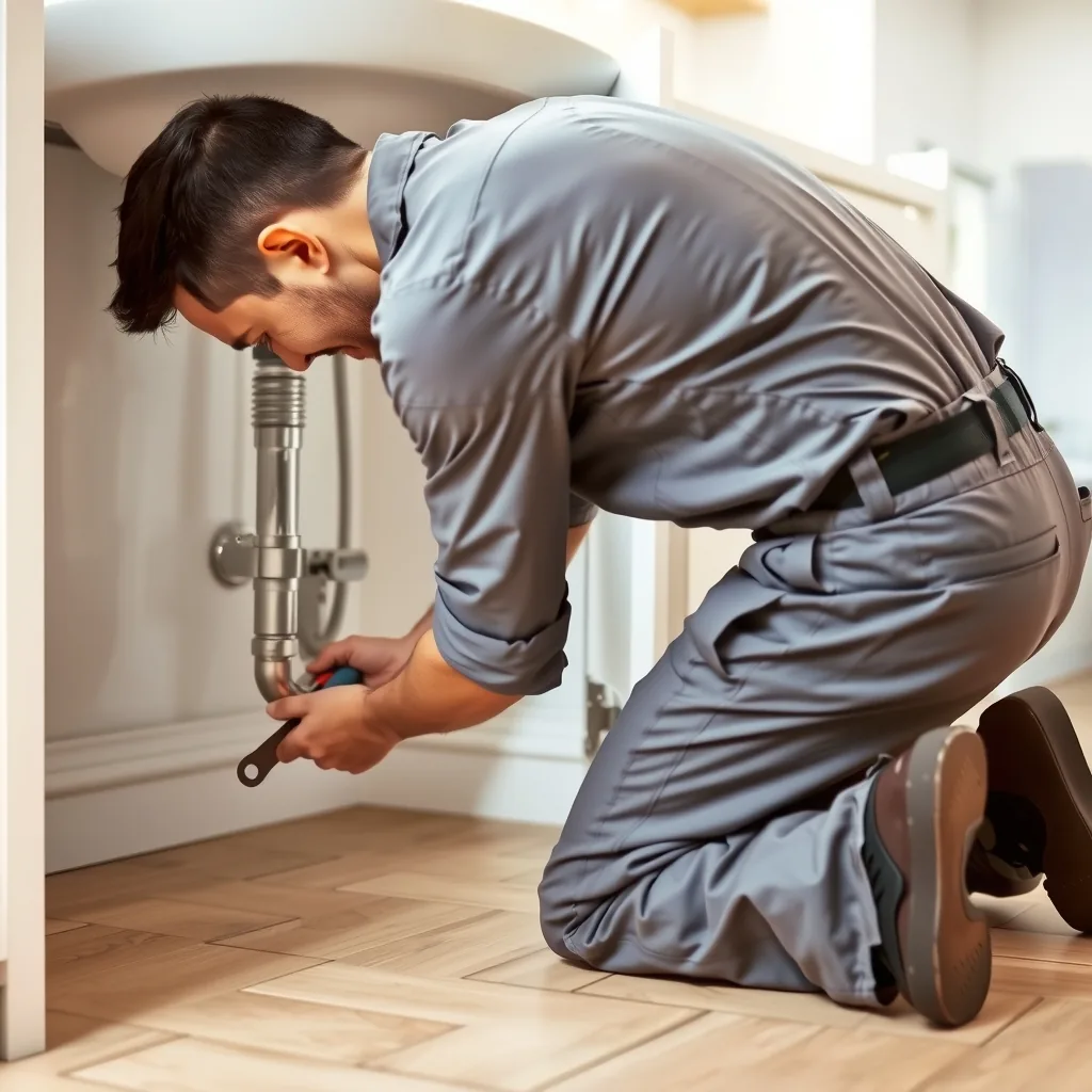 A plumber working on a sink pipe underneath a bathroom counter.
