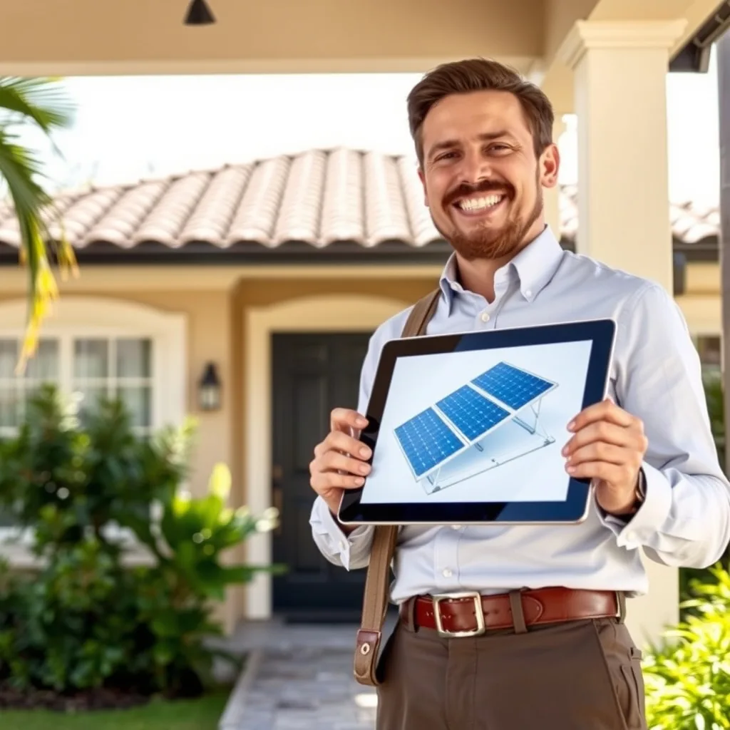 A solar sales representative at a front porch holding a tablet showing a solar panel diagram.
