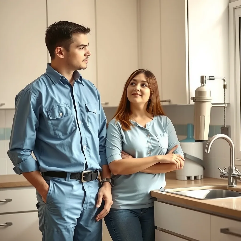A water treatment technician showing a homeowner a water filtration system in a kitchen.