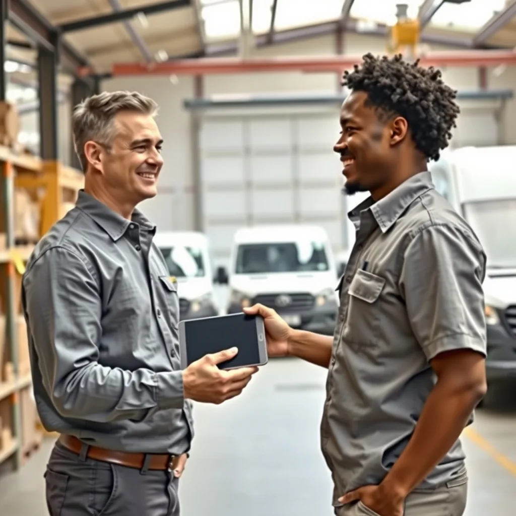 A small business owner in a warehouse office handing a tablet to a technician, with plain service vans parked outside.