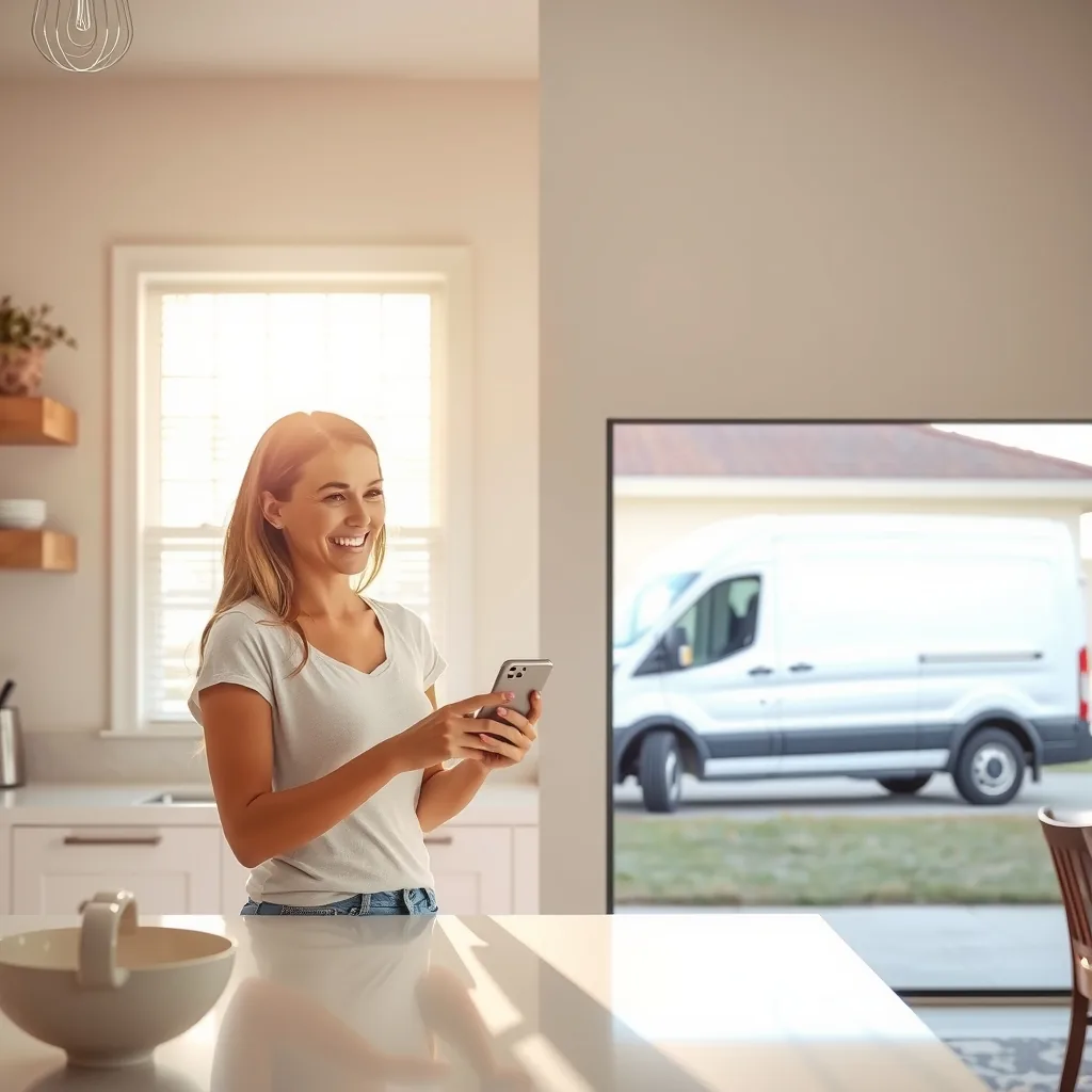 A mother smiling at her phone at a kitchen counter, with a plain service van visible in the driveway through the window.